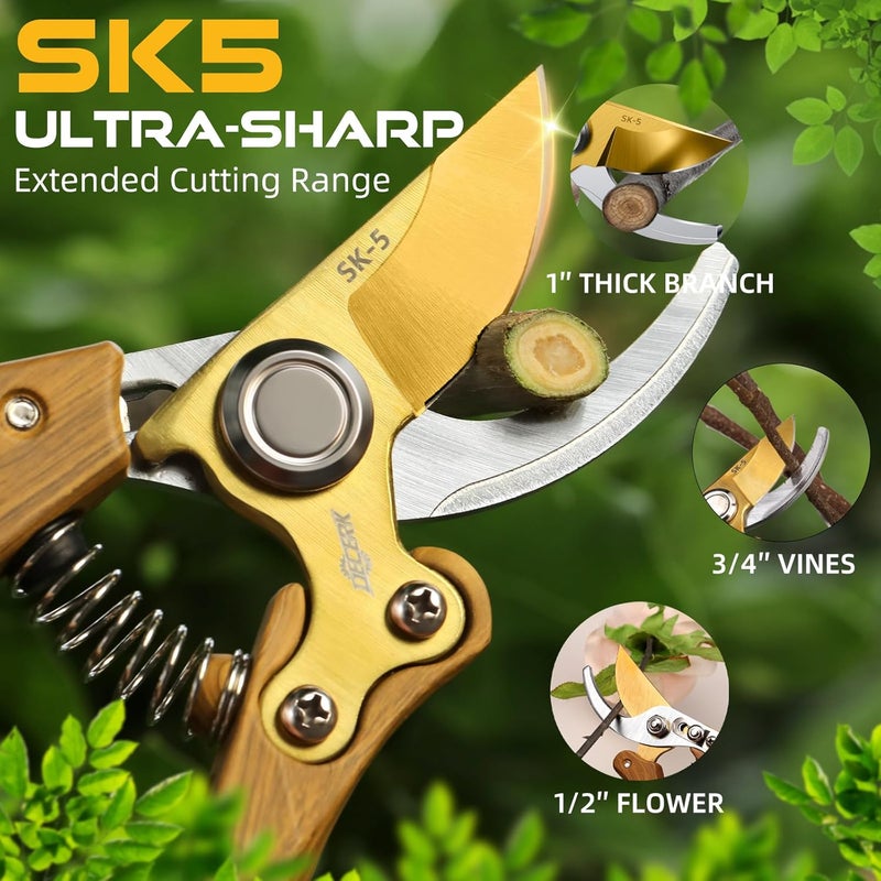Decerk 8.5" Professional Bypass Pruning Shears – Heavy Duty Garden Scissors & Clippers for Wood & Tree Trimming, Ultra Sharp SK5 Blade, Ergonomic Handle, Perfect Gardening Gift, 2025 Wood-Like Finish - Image 4